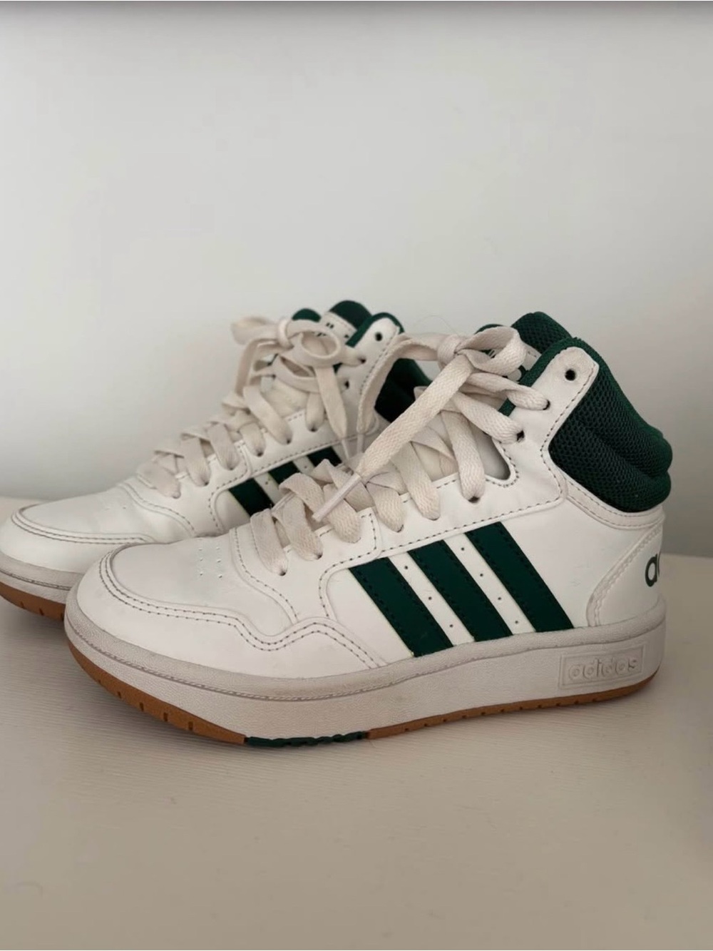 adidas Kids White and Dark Green High-Top Sneakers with Gum Sole
